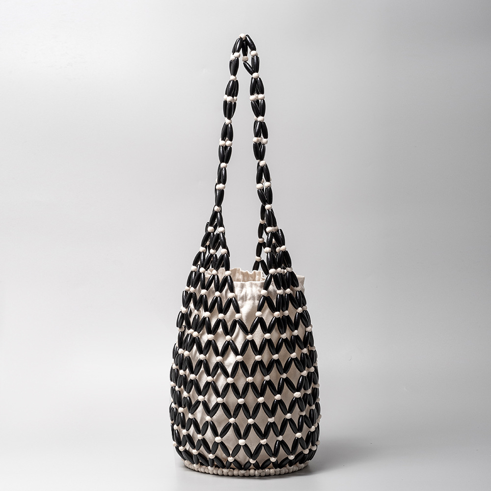Woven bag, hollowed out wooden bead bag, portable bucket shoulder bag